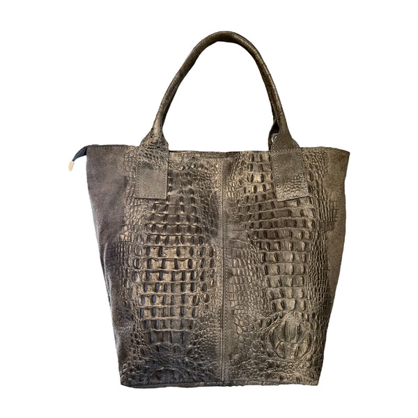 ITALIAN Large Tote Leather Croc Embossed Suede Trim Dual Handle Pouch Silver