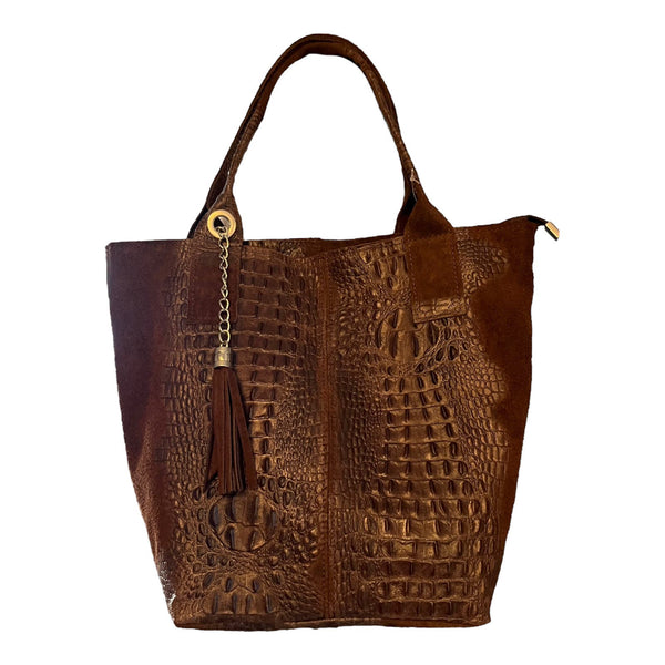 ITALIAN Large Tote Leather Croc Embossed Suede Trim Dual Handle Pouch Brown