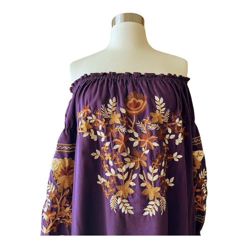 FREE PEOPLE Mini Dress Fleur du Jour Embroidered Tunic Purple Off the Shoulder