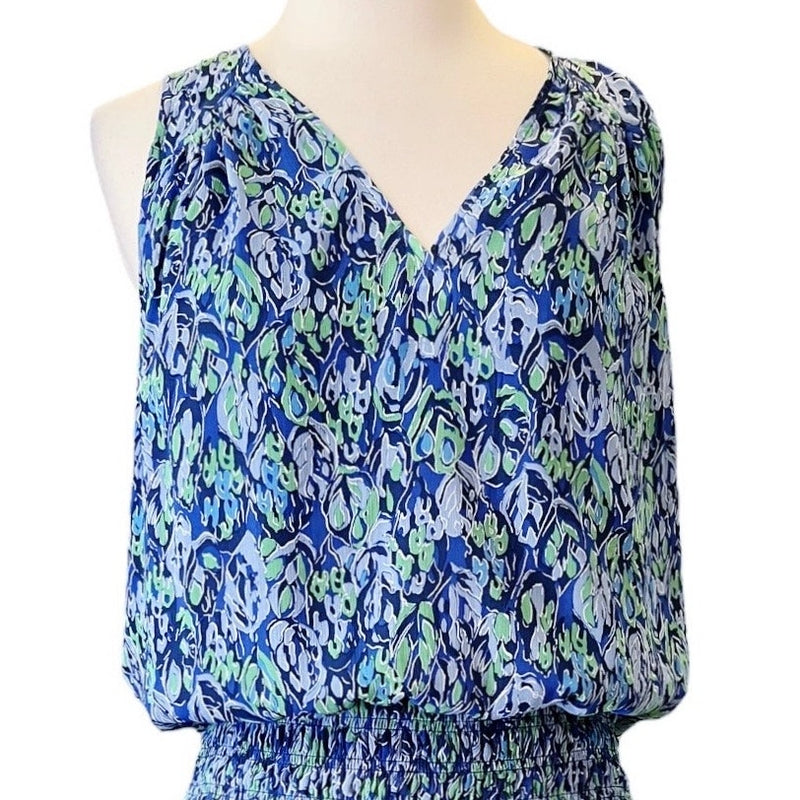 RAMY BROOK Printed Perry Dress Blue Abstract Sleeveless Elastic Waist Large EUC