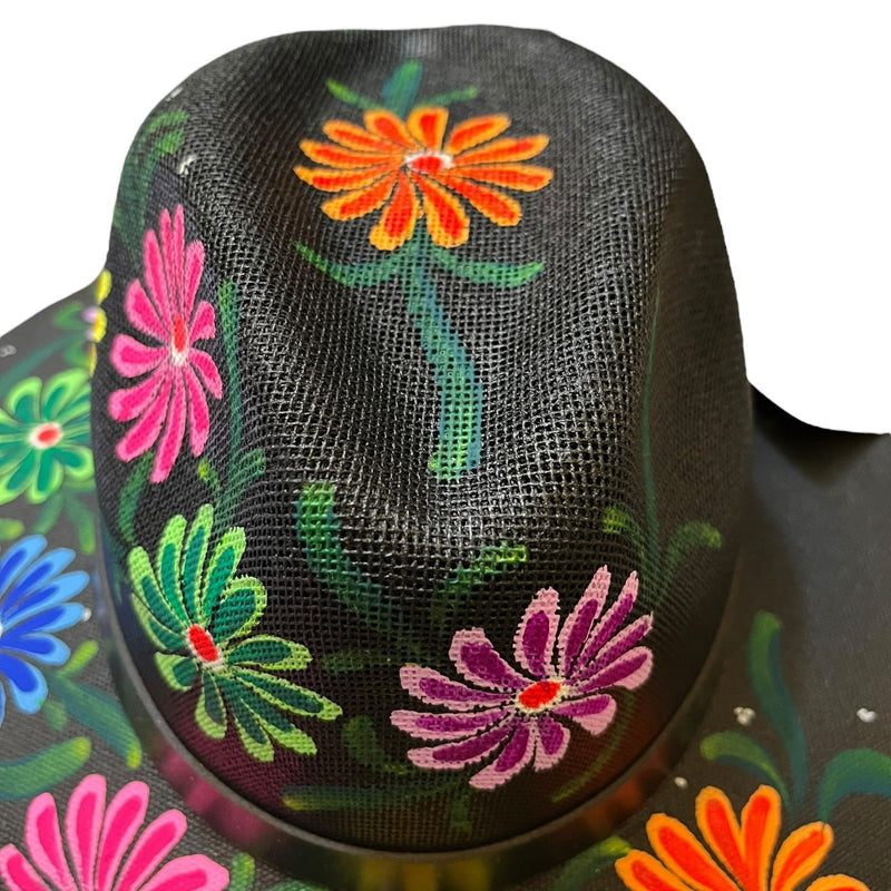 HAT MEXICAN Artisanal Hand Painted Fedora Floral Sombrero Panama Bohemian Black
