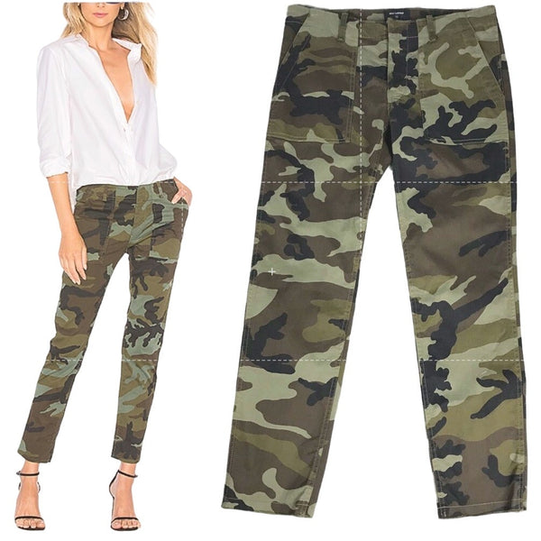 NILI LOTAN Jenna Pant Camouflage Green Vintage Slouchy Skinny Pocket Raw Hem 6