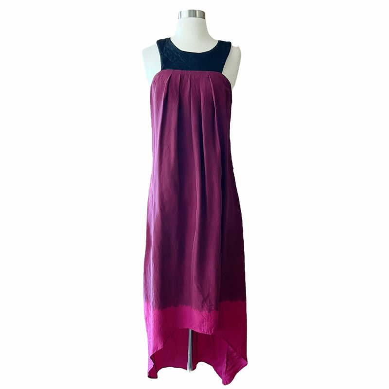 AS BY DF Silk Dress Leather Top Trim Sleeveless Burgundy Ombre Hi - Lo Medium