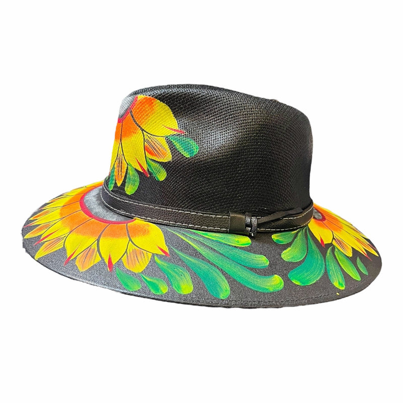 HAT MEXICAN Artisanal Hand Painted Fedora Sunflower Sombrero Panama Bohon Black