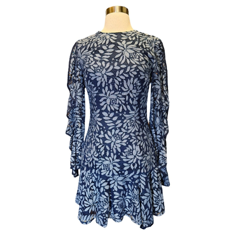 KEEPSAKE The Label Engage Floral Lace Mini Dress Long Sleeve Navy Blue Small EUC