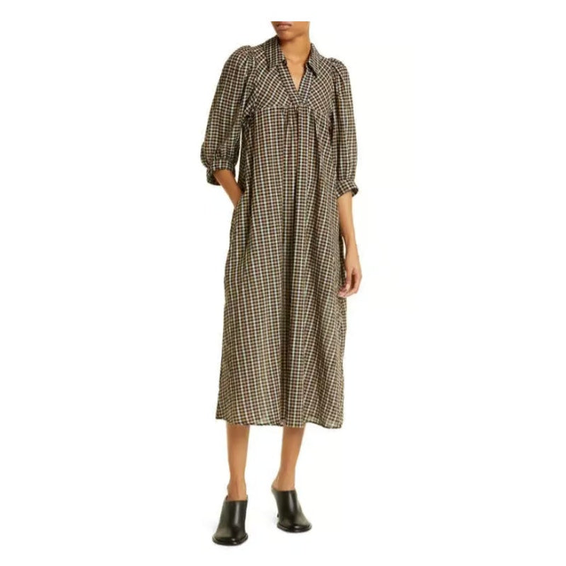 Samsoe Samsoe Opal Collared Midi Plaid Dress Brown 3/4 Sleeves Split Neck Small