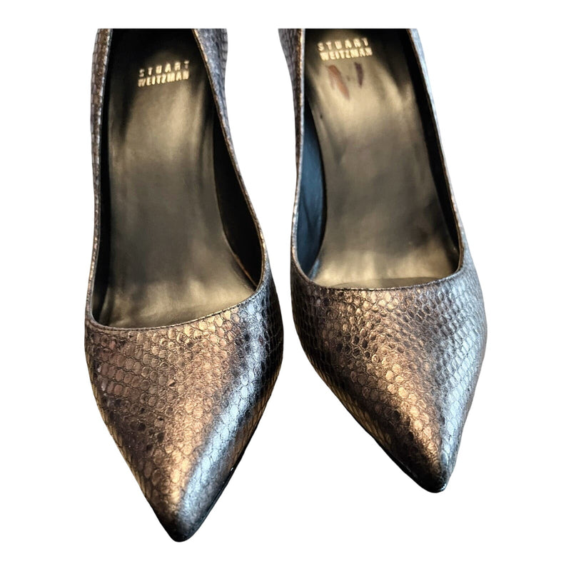 STUART WEITZMAN Snake Print Leather Pump Metallic Pointed Toe Stiletto Spain 10