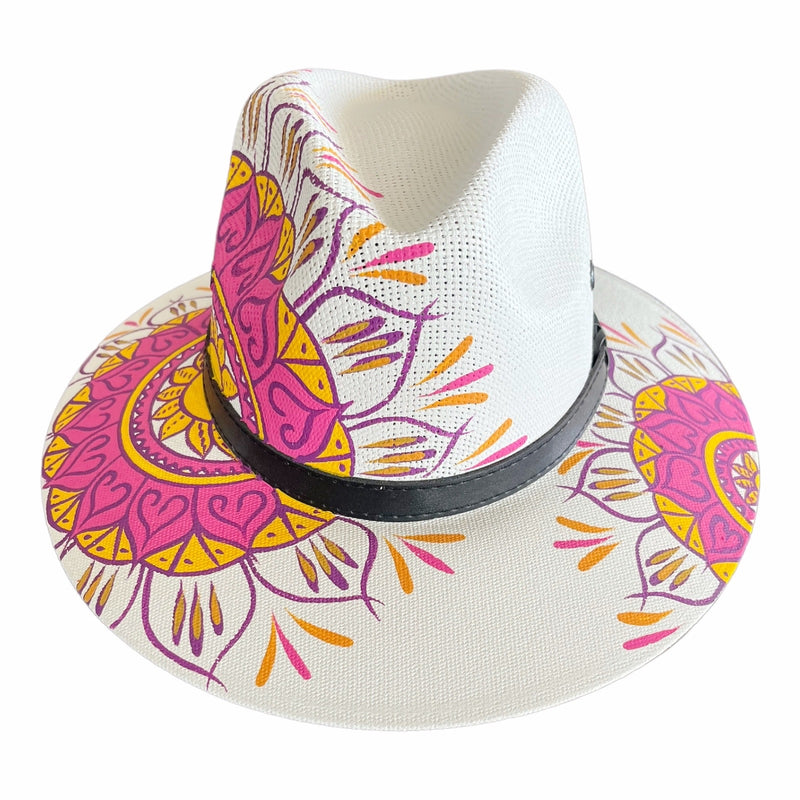 HAT MEXICAN Artisanal Hand Painted Fedora Mandala Sombrero Panama Bohemian White