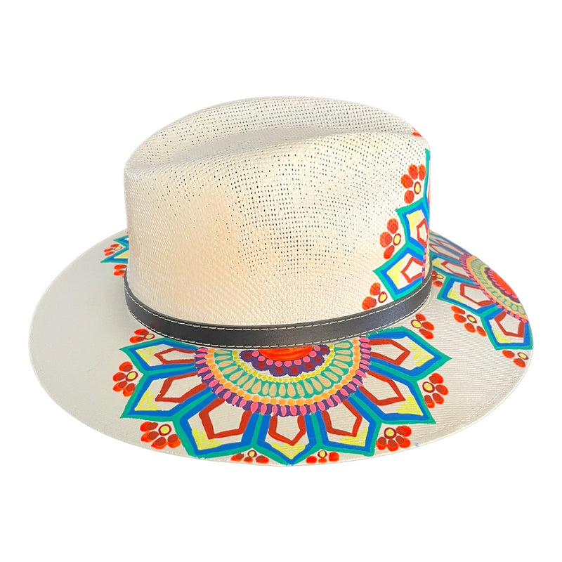 HAT MEXICAN Artisanal Hand Painted Fedora Mandala Sombrero Panama Bohemian White