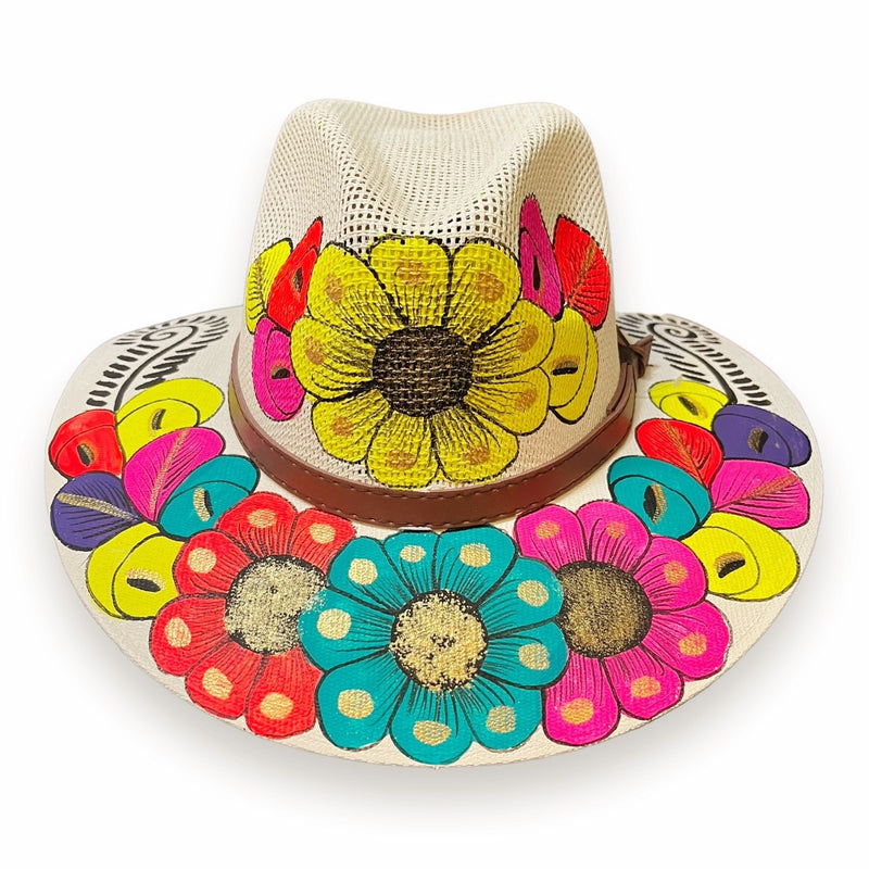 HAT MEXICAN Artisanal Hand Painted Fedora Floral Sombrero Panama Bohemian Ivory