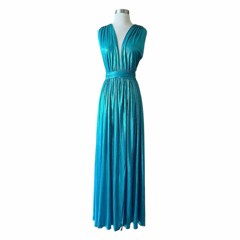 BRONX AND BANCO Romi Metallic Gown Plunge Neckline Dress Teal Turquoise Large 8