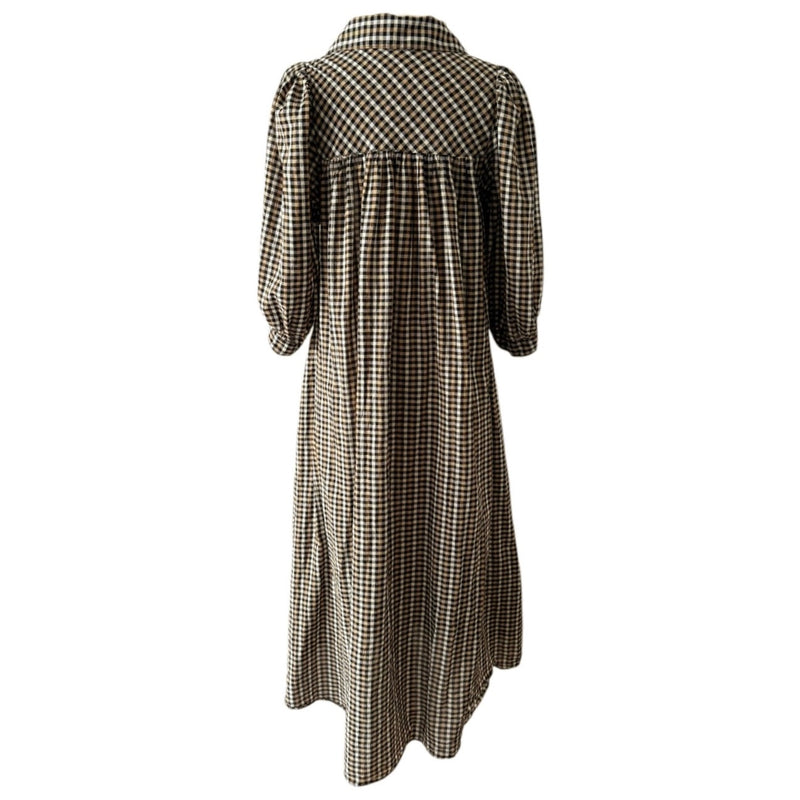 Samsoe Samsoe Opal Collared Midi Plaid Dress Brown 3/4 Sleeves Split Neck Small