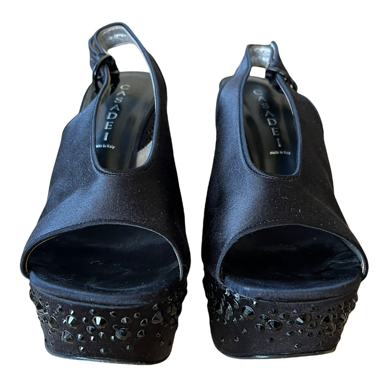 CASADEI Black Satin Wedges Swarovsky Crystals Italy Shoes Peep Toe Heels 5 in