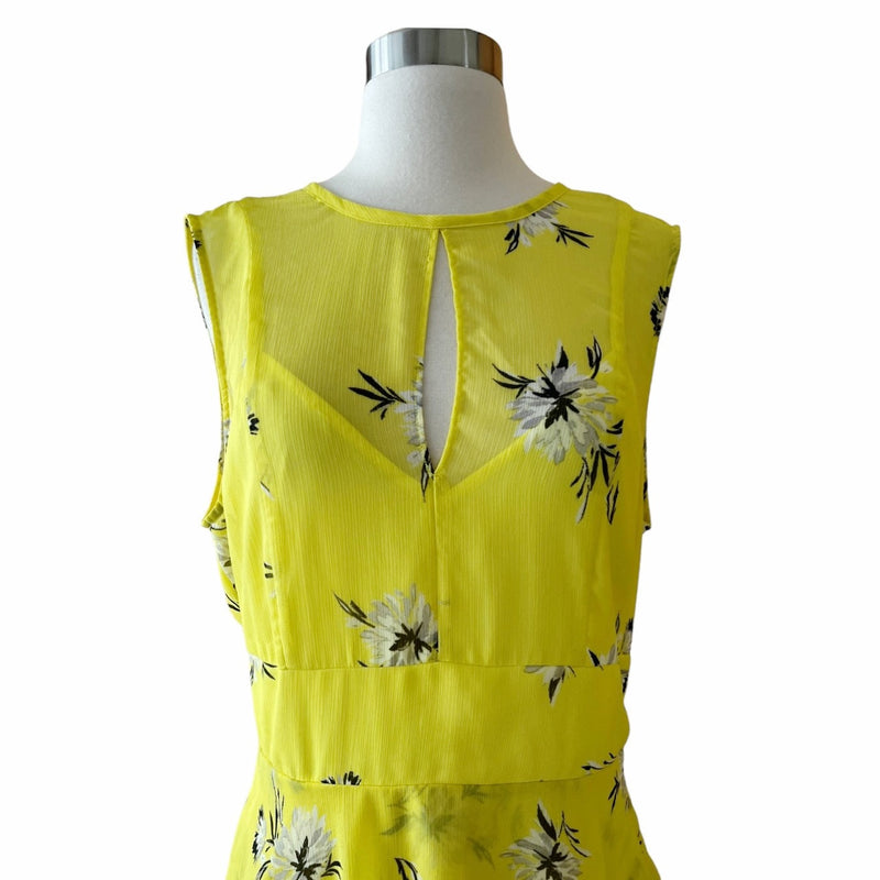 GREAT JONES Floral Silky Chiffon Tiered Dress Maxi Sleeveless Yellow Crew Neck