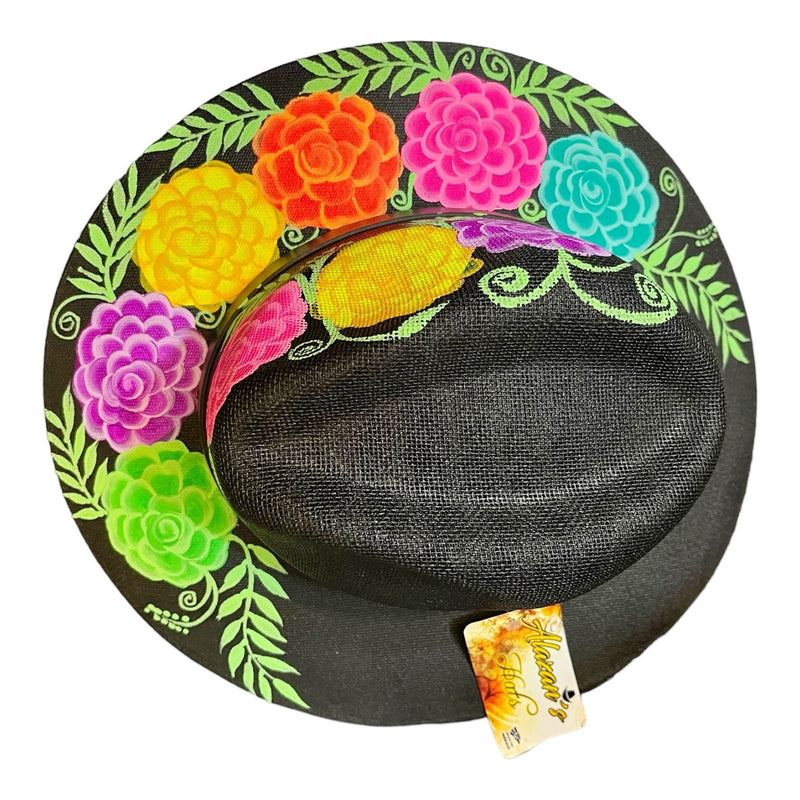 HAT MEXICAN Artisanal Hand Painted Fedora Floral Sombrero Panama Bohemian Black