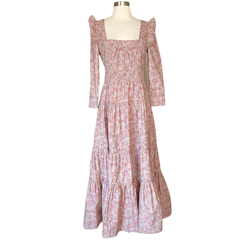 LOVESHACKFANCY Lyna Maxi Dress Tan Garden Cotton Ruffle Floral Pink S 4-6 Sample