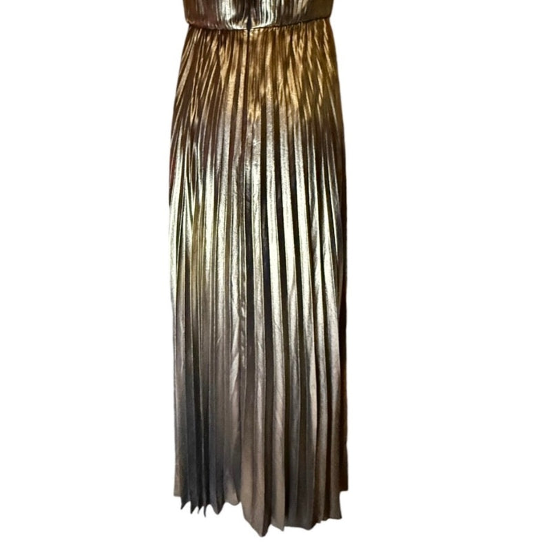 AIDAN MATTOX Pleated Folied Chiffon Halter Gown Bronze Metallic Maxi 4 EUC