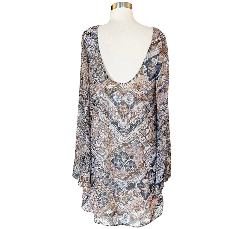 SHOW ME YOUR MUMU Tunic Dress Mini Bell Sleeve Paisley Brown Gray Tan Medium EUC