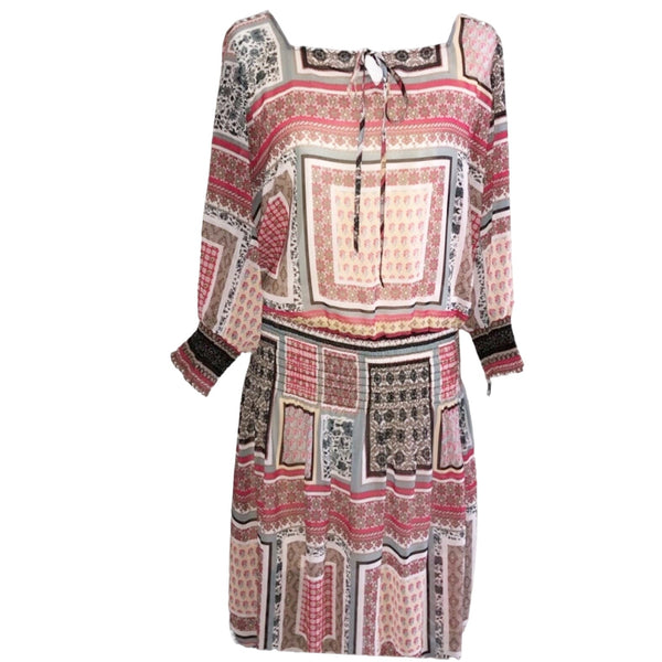 WORTH New York Smocked Dress Georgette Patchwork Paisley Ivory Rose 3/4 Sleeve 0