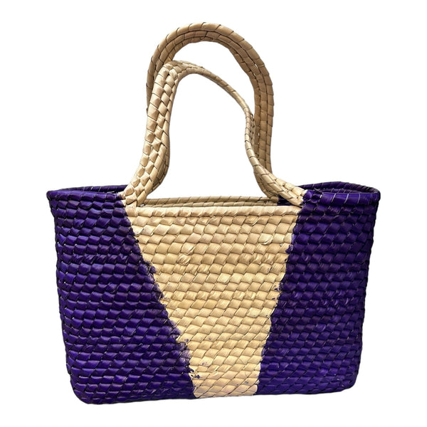 Mexican Natural Weaved Straw Tote Bag HANDMADE Zipper Purple Floral Palm Small