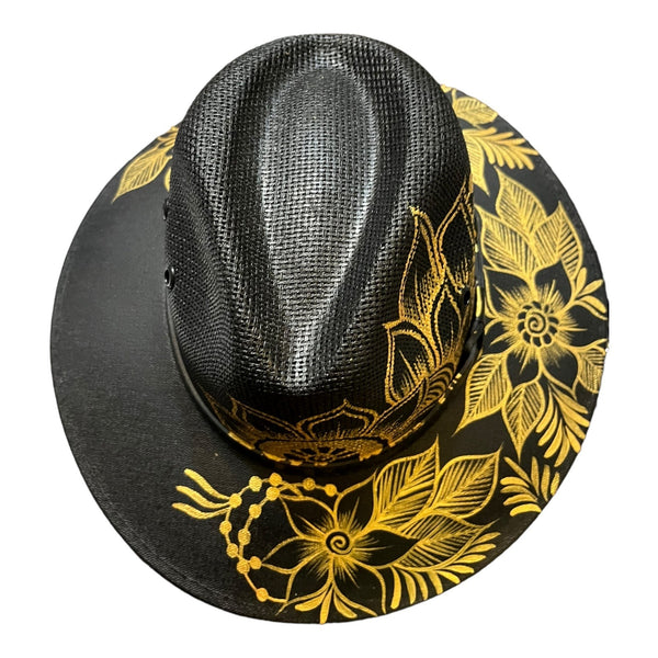 HAT MEXICAN Artisanal Hand Painted Fedora Floral Sombrero Panama Bohemian Black