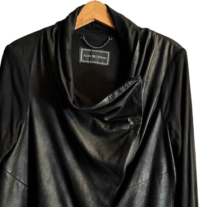 ALAN BILZERIAN Goat Leather Cotton Jacket Cardigan Black Mixed Media Drape US 12