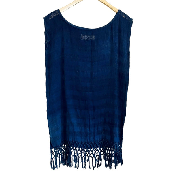 CLAUDE TULUM Natural Tunic Fringe Cotton Coverup  Scoop Neck Navy Blue M/L NEW