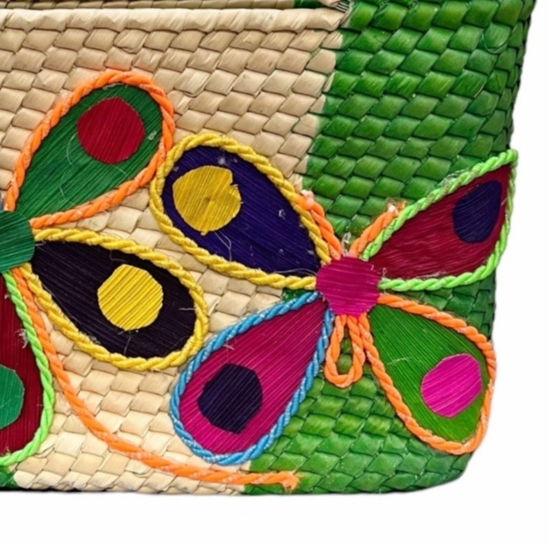 Mexican Natural Weaved Straw Tote Bag HANDMADE Zipper Green Floral Palm Small
