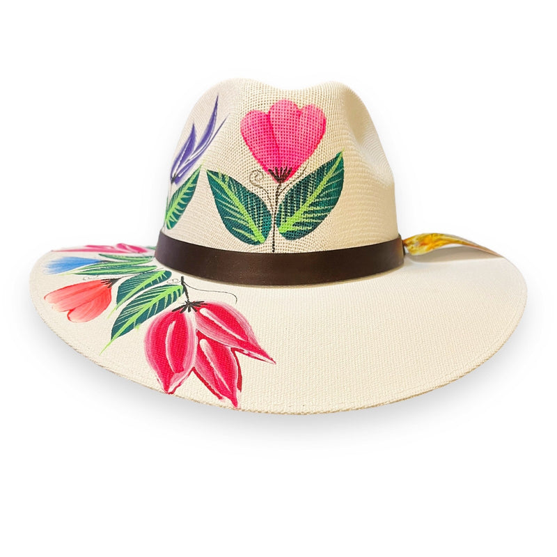 HAT MEXICAN Artisanal Hand Painted Fedora Floral Sombrero Panama Bohemian White