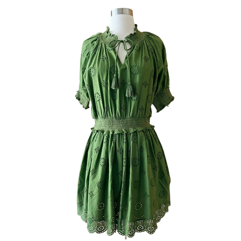 ROLLER RABBIT Fiorella Dress Astra Eyelet Green Cotton Short Sleeves Small NEW