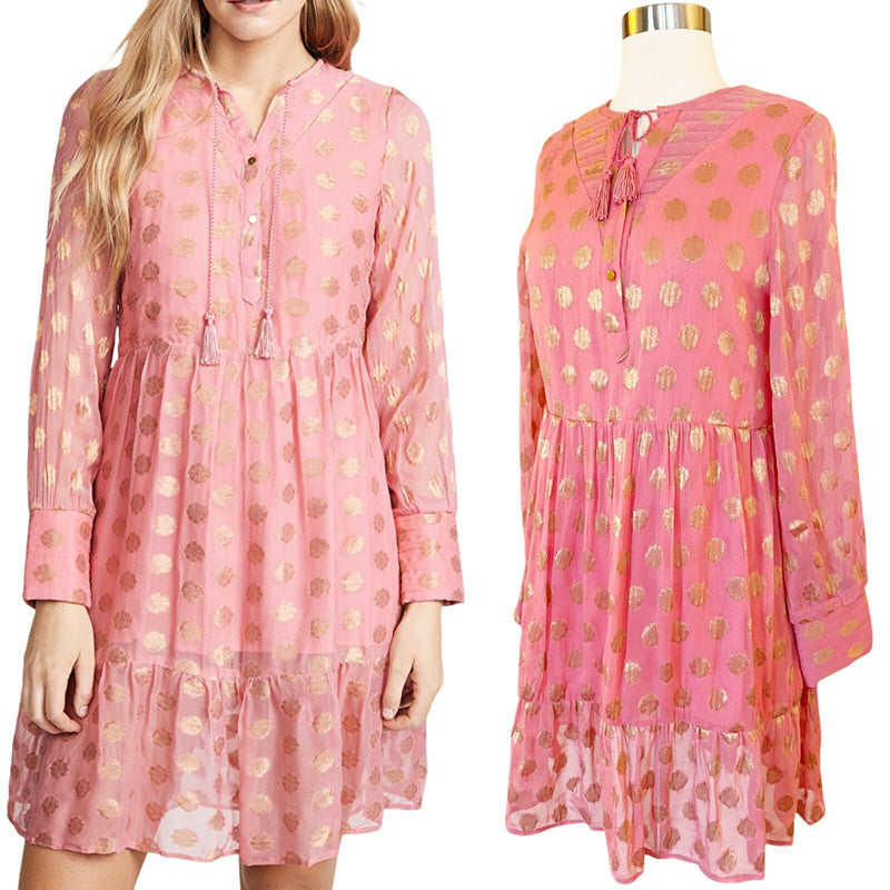 CECILIE COPENHAGEN Dea Dress Mini Jacquard Tunic Pink Gold Floral Sorbet Small