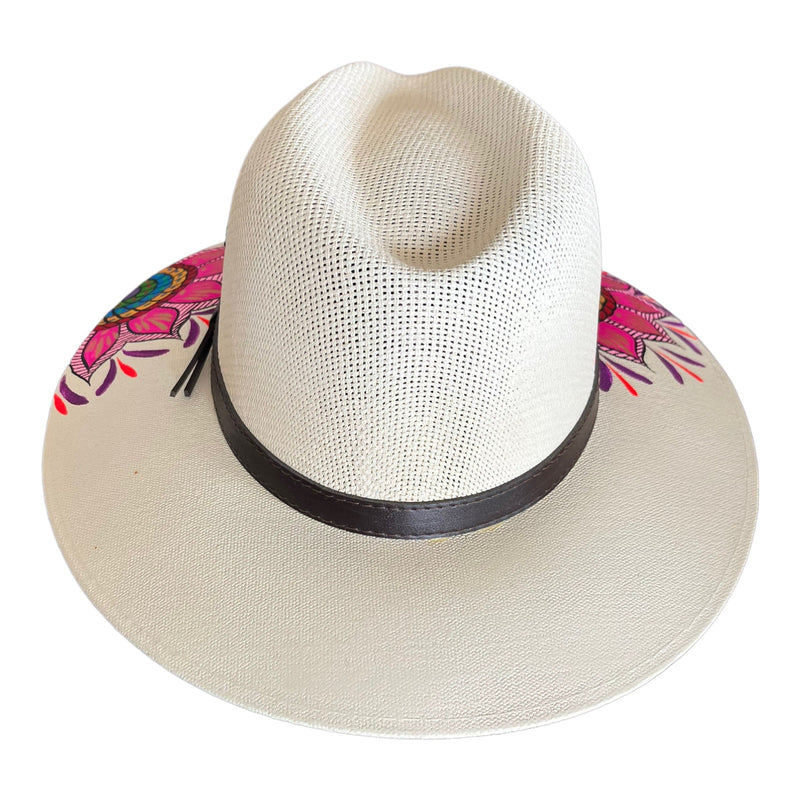 HAT MEXICAN Artisanal Hand Painted Fedora Mandala Sombrero Panama Bohemian White