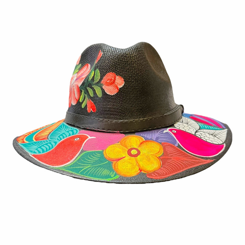 HAT MEXICAN Artisanal Hand Painted Fedora Floral Sombrero Panama Bohemian Black