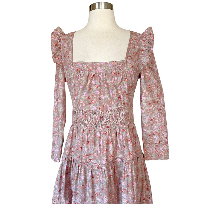 LOVESHACKFANCY Lyna Maxi Dress Tan Garden Cotton Ruffle Floral Pink S 4-6 Sample