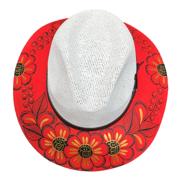 HAT MEXICAN Artisanal Hand Painted Fedora Floral Sombrero Panama Bohemian Red