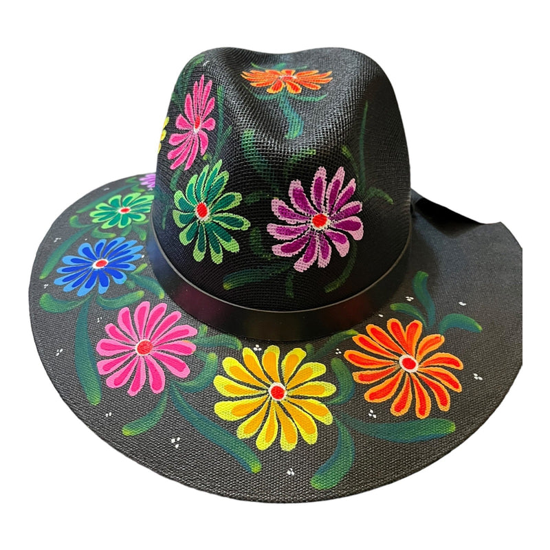 HAT MEXICAN Artisanal Hand Painted Fedora Floral Sombrero Panama Bohemian Black