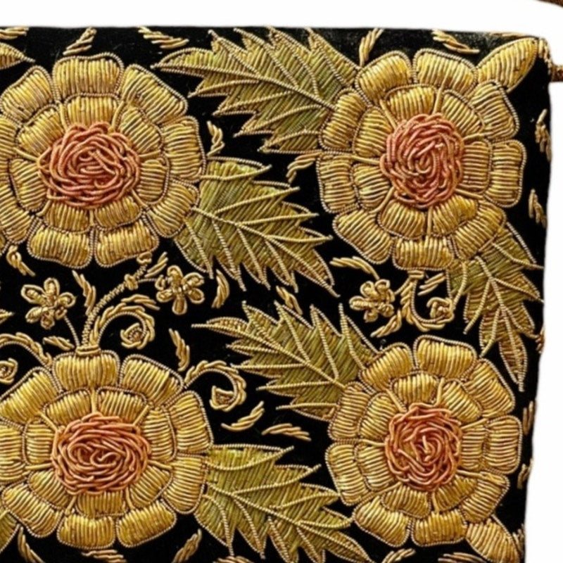 VINTAGE ZARDOZI Metal Embroidered Envelope Clutch Gold Black Velvet Handmade