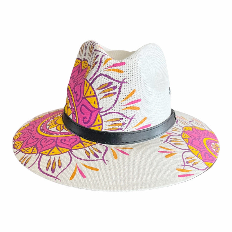 HAT MEXICAN Artisanal Hand Painted Fedora Mandala Sombrero Panama Bohemian White