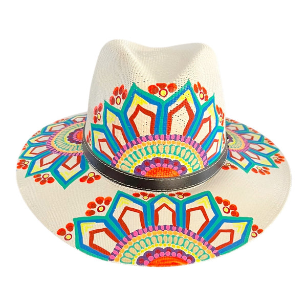 HAT MEXICAN Artisanal Hand Painted Fedora Mandala Sombrero Panama Bohemian White