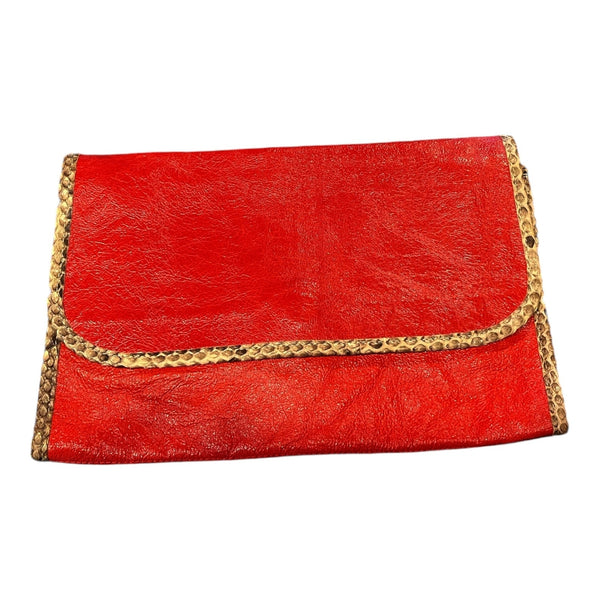 CARLOS FALCHI Fatto a Mano Red Leather Envelope Clutch Snakeskin Trim Italy EUC