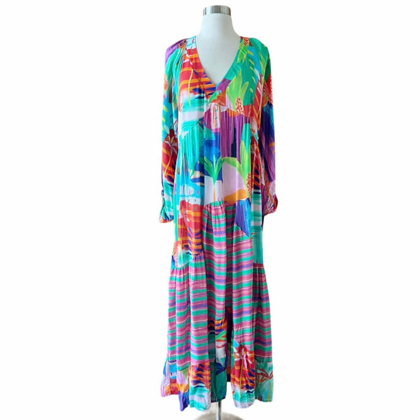 Colorful Maxi Dress Oversized V-Neck Long Sleeves Tropical Bold Print Medium NEW