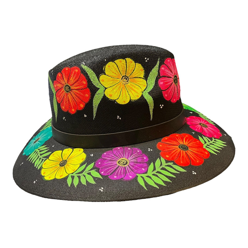 HAT MEXICAN Artisanal Hand Painted Fedora Floral Sombrero Panama Bohemian Black