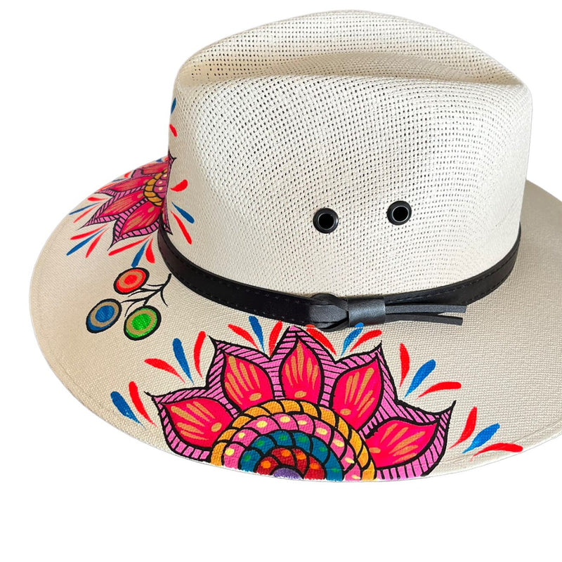 HAT MEXICAN Artisanal Hand Painted Fedora Mandala Sombrero Panama Bohemian White