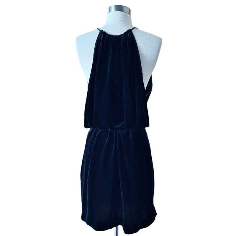 NILI LOTAN Velvet Dress Dark Blue Belted Tassels Sleeveless Silk Rare Medium