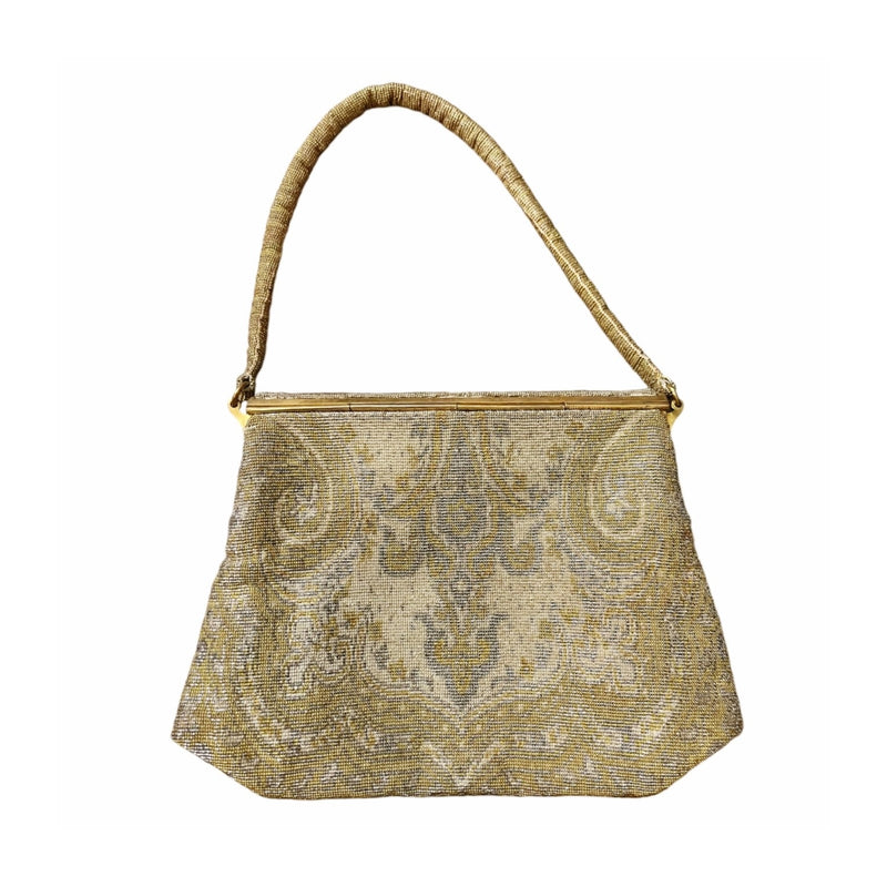 VINTAGE PARIS Beaded Metal Purse Handmade Clutch Gold Silver Flap Closure