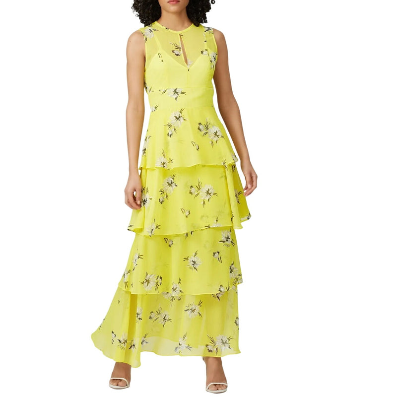 GREAT JONES Floral Silky Chiffon Tiered Dress Maxi Sleeveless Yellow Crew Neck
