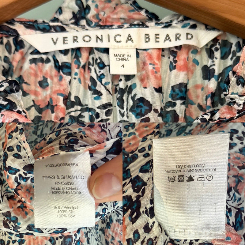 VERONICA BEARD Antonette Top Silk Floral White Blue Long Sleeve Top Blouse 4 EUC