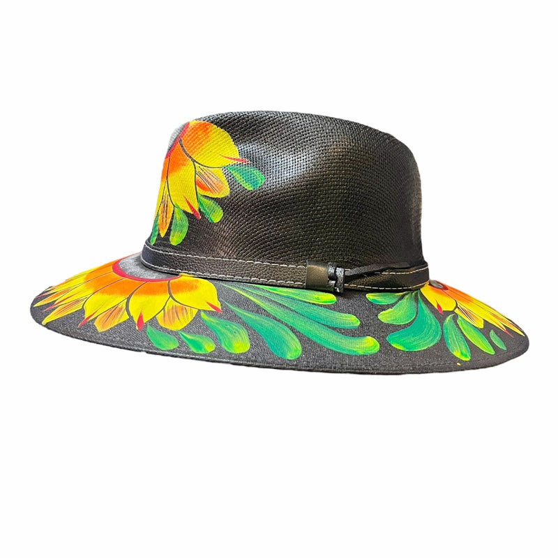 HAT MEXICAN Artisanal Hand Painted Fedora Sunflower Sombrero Panama Bohon Black
