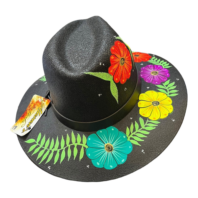 HAT MEXICAN Artisanal Hand Painted Fedora Floral Sombrero Panama Bohemian Black