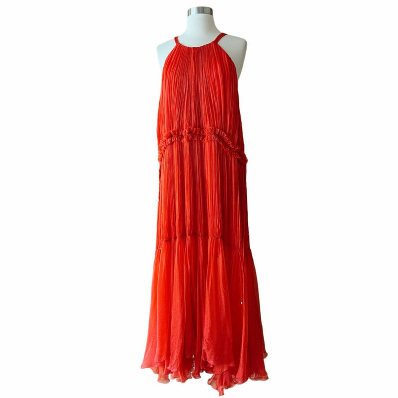 MARIA LUCIA HOHAN Maella Silk Tent Dress Red Chiffon Ruffled Plisse Halter Gown